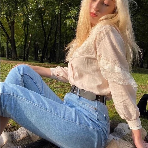 Lace blouse button shirt cream beige ruffle long sleeve  top womens - Picture 10 of 10